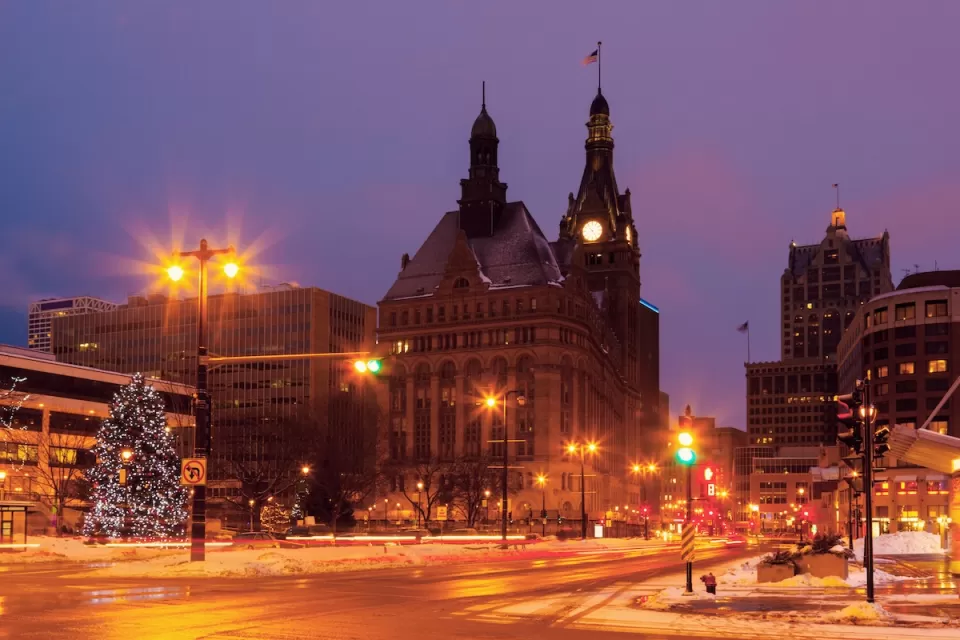 Milwaukee, Wisconsin city hall at night in winter.